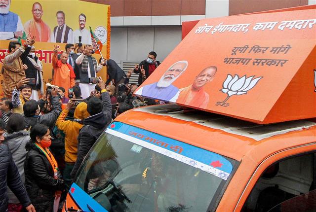 BJP leaders flagging off the Prachar Rath
